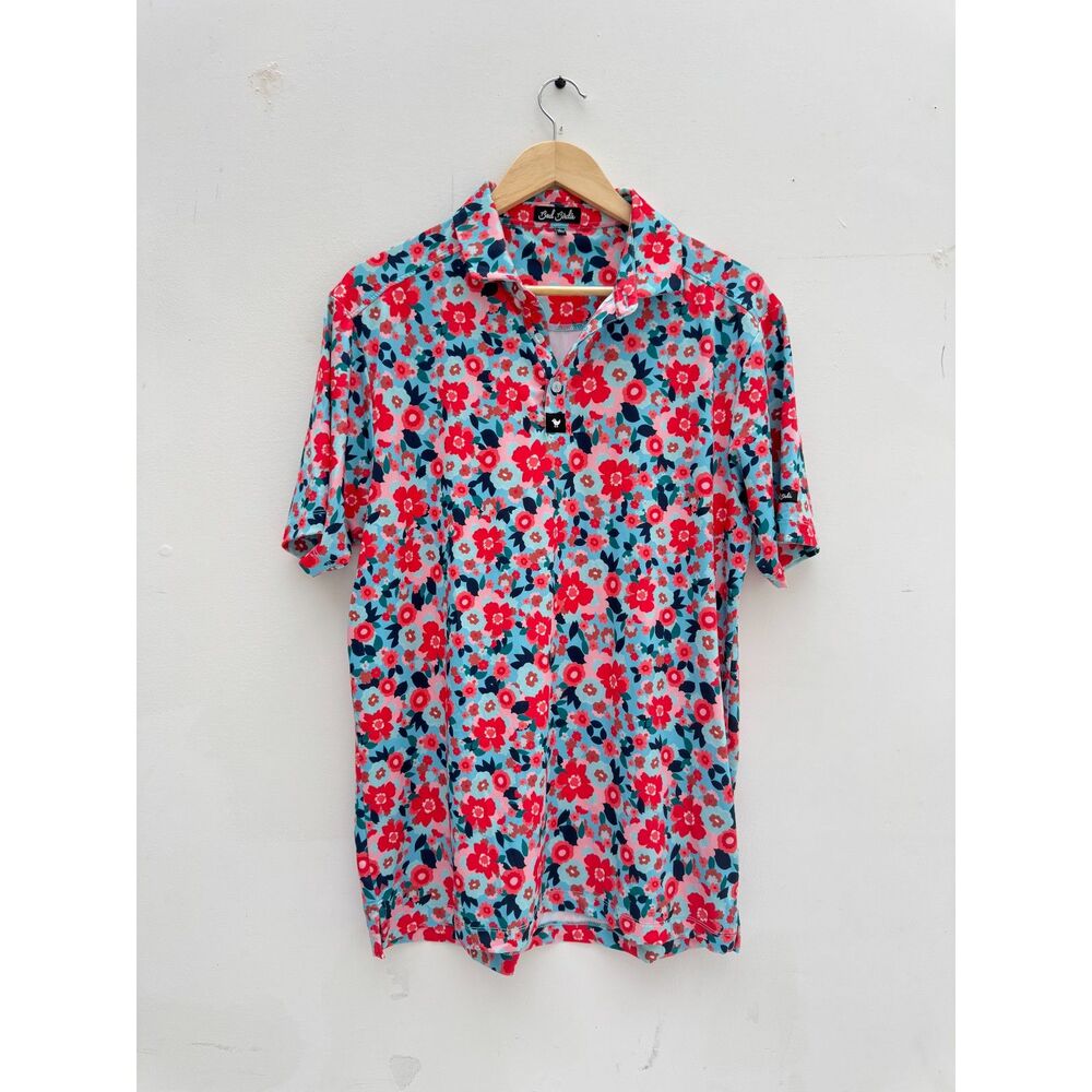 Bad Birdie Golf Polo Mens L Floral Blue Pink Performance Stretch Shirt